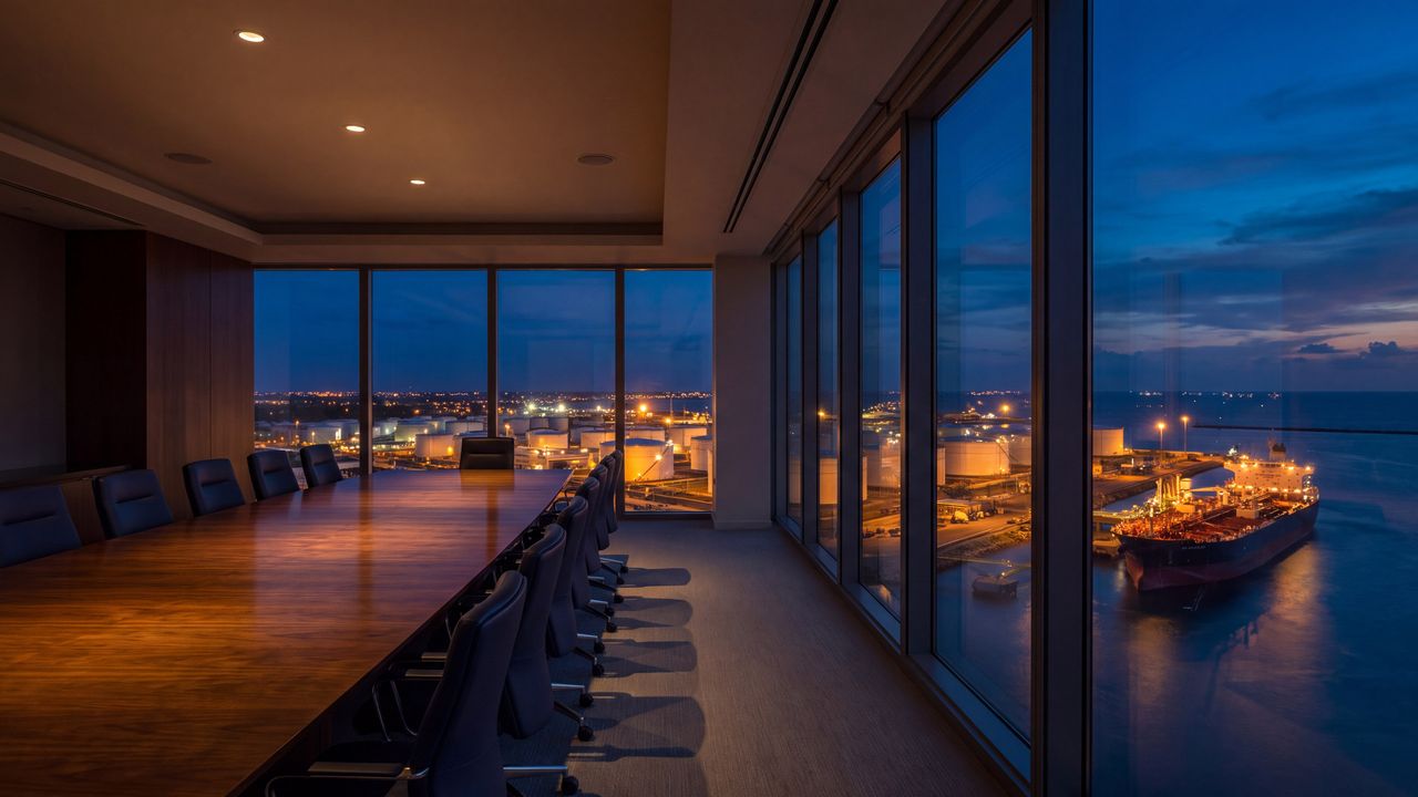 Boardroom at dusk overlooking an oil terminal and a moored tanker