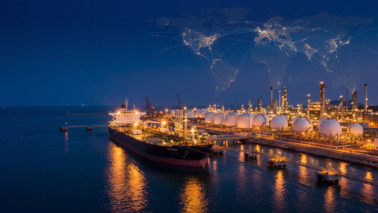 Oil tanker berthed at an illuminated terminal at night, with a map of global shipping routes drawn in the sky