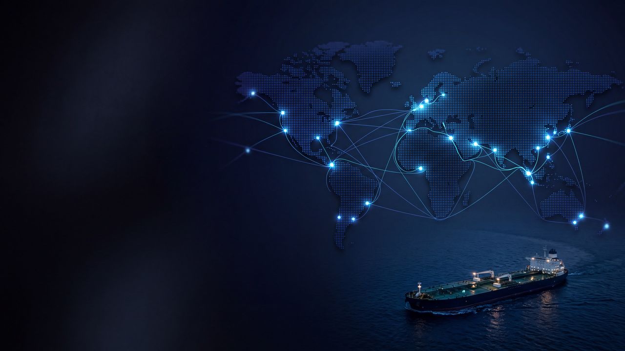 Illuminated map of global shipping routes over the ocean at night, with a tanker in the foreground